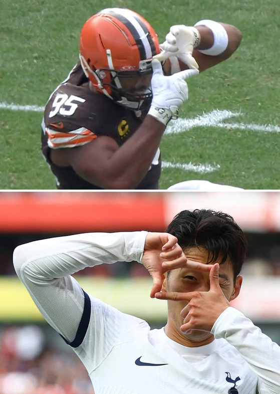 Cleveland Browns defensive end Myles Garrett appears to pay tribute to Tottenham Hotspur forward Son Heung-min during the American football club's 27-3 win over the Tennessee Titans on Monday. Son, pictured below during a Premier League game against Arsenal on Sunday, has used the photograph celebration when he scores a goal for club and country for years.  [SCREEN CAPTURE; REUTERS/YONHAP]