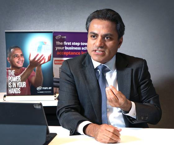 Rohit Sharma, ETS's senior vice president of global higher education and workskills, speaks during an interview with the Korea JoongAng Daily. [PARK SANG-MOON]