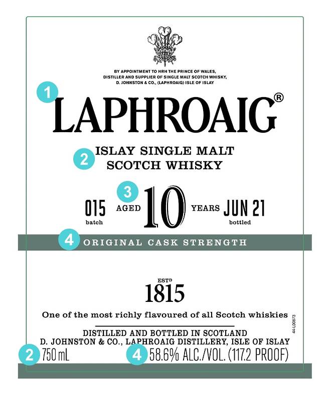 라프로익 10년 숙성 캐스크 스트렝스(Cask Strength) 제품입니다. 번호 순서대로 살펴보겠습니다.