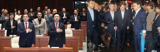 지난 27일 오전 서울 여의도 국회에서 이재명 더불어민주당 대표 구속영장 기각과 관련해 열린 국민의힘 긴급 의원총회에 앞서 김기현 대표(앞줄 오른쪽)와 박대출 정책위의장(앞줄 왼쪽) 등이 국민의례를 하고 있는 모습(왼쪽)과 이재명 민주당 대표가 지난 27일 오전 구속영장이 기각된 직후 경기 의왕시 서울구치소를 나서고 있는 모습(공동취재사진) ⓒ데일리안 홍금표 기자, 뉴시스