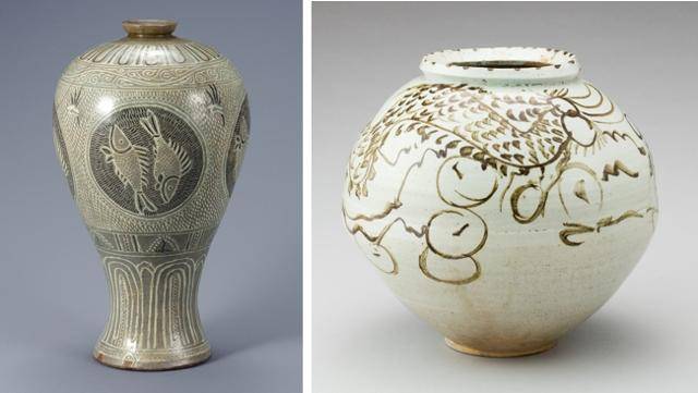 조선 15세기 '분청사기 상감어문 매병', 보물 제347호, 국립중앙박물관 소장(왼편). 조선 17세기 후반~18세기 초, 백자철화운룡문호, 문화재자료 제99호, 국립해양박물관 소장