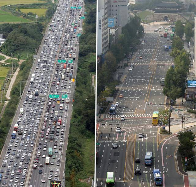 추석 연휴를 하루 앞둔 27일 경기 시흥시 서해안고속도로 조남JC 인근이 귀성길 차량으로 정체되고 있다(왼쪽). 추석 연휴 첫날인 28일 서울 세종대로 일대가 한산한 모습을 보이고 있다. 뉴스1