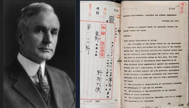 ▲ 1941년 태평양전쟁이 벌어지기 앞서 코델 헐 미 국무(사진 왼쪽)는 노무라 기치사부로 주미 일본대사에게 미국 정부의 요구사항을 담은 '헐 노트'를 건넸다. ⓒ위키미디어