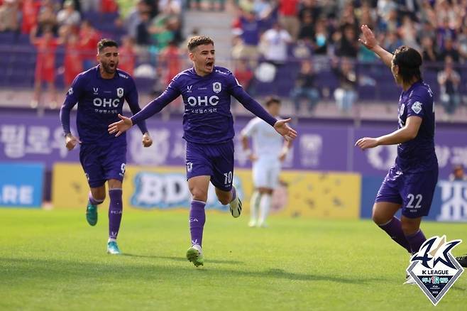 동점골을 터트린 안양의 라에르시오 [한국프로축구연맹 제공. 재판매 및 DB 금지]