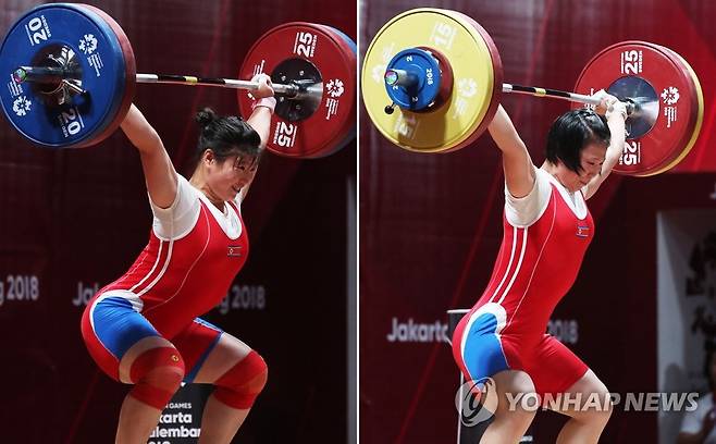 나란히 금메달 따낸 북한 역도 자매 (자카르타=연합뉴스) 홍기원 기자 = 북한 역도 자매 림정심과 림은심이 인도네시아 자카르타 인터내셔널 엑스포에서 열린 2018 자카르타ㆍ팔렘방 아시안게임(AG) 여자 역도에서 나란히 금메달을 획득했다. 사진은 26일 75kg급에서 금메달을 따낸 림정심(왼쪽)과 25일 69kg급에서 금메달을 따낸 림은심. 2018.8.26 xanadu@yna.co.kr