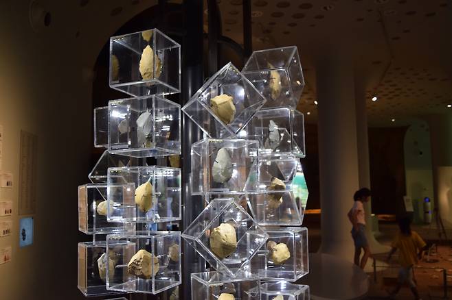 Hand axes discovered in the Hantan River area in Gyeonggi Province are on display at the Jeongok Prehistory Museum. (Kim Hae-yeon/ The Korea Herald)