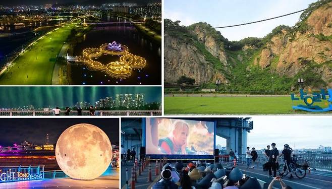 순천만정원박람회, 원주 소금산출렁다리, 반포 뚜벅뚜벅축제, 통영 강구안, 반포대교에서 바라본 불빛쇼(사진 위 왼쪽부터 시계방향)