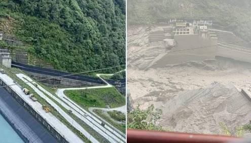 인도 충탕댐(사진 왼쪽)과 파괴 직후 모습. /엑스(트위터)