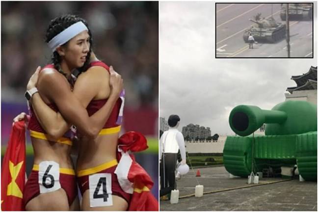 중국 관영 CCTV가 웨이보 등에 올렸다 삭제한 사진(왼쪽)과 2019년 대만 중정기념당 앞 자유광장에 설치됐던 천안문 사건 탱크맨 기념물(오른쪽)