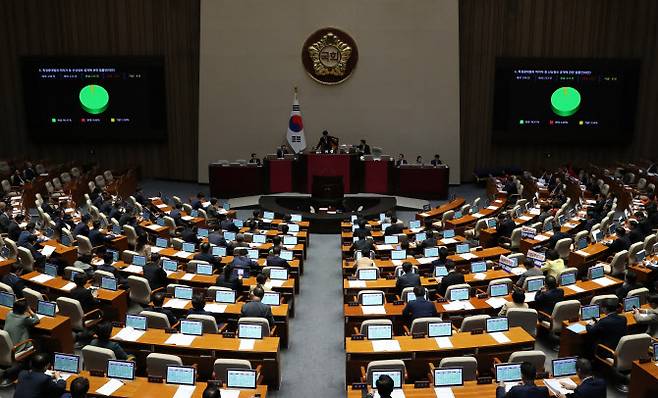 6일 오후 서울 여의도 국회 본회의장에서 제410회국회(정기회) 제9차 본회의가 열리고 있다. (사진=뉴시스)