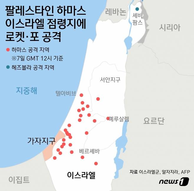 (서울=뉴스1) 윤주희 디자이너 = 7일 가자지구를 통치하는 하마스는 '알아크사 폭풍(Al Aqsa Storm)' 작전에 따라 이스라엘 남부 지역에 로켓 수천 발을 발사했다. 또 하마스 전투원들은 육지와 해상, 공중으로 이스라엘 내 22개 마을과 군기지에 침투했고, 공중 침투의 경우 패러글라이더까지 이용했다.  친(親)이란 시아파 무장 정파 헤즈볼라는 8일(현지시간) 오전 레바논 셰바농장 지대 내 이스라엘 초소를 로켓·포탄으로 공격했다고 주장했다. 이들은 이 공격이 하마스의 이스라엘 공격을 지지하는 의미라고 설명했다.  Copyright (C) 뉴스1. All rights reserved. 무단 전재 및 재배포,  AI학습 이용 금지.