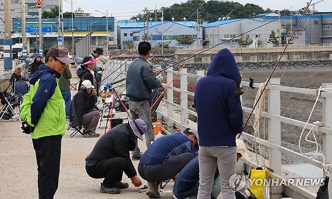 가을 낚는 강태공들 (인천=연합뉴스) 임순석 기자 = 8일 인천시 연수구 송도5교 위에서 시민들이 가을 망둥이 낚시를 즐기고 있다. 2023.10.8 soonseok02@yna.co.kr