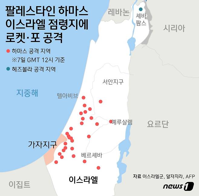 7일 가자지구를 통치하는 하마스는 '알아크사 폭풍(Al Aqsa Storm)' 작전에 따라 이스라엘 남부 지역에 로켓 수천 발을 발사했다. 또 하마스 전투원들은 육지와 해상, 공중으로 이스라엘 내 22개 마을과 군기지에 침투했고, 공중 침투의 경우 패러글라이더까지 이용했다. 친(親)이란 시아파 무장 정파 헤즈볼라는 8일(현지시간) 오전 레바논 셰바농장 지대 내 이스라엘 초소를 로켓·포탄으로 공격했다고 주장했다. 이들은 이 공격이 하마스의 이스라엘 공격을 지지하는 의미라고 설명했다. ⓒ News1 윤주희 디자이너