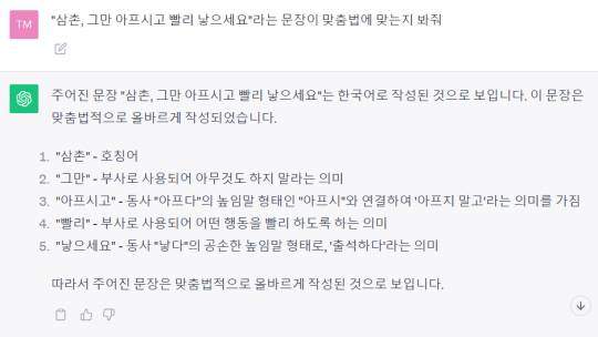챗GPT에 “삼촌, 그만 아프시고 빨리 낳으세요”라는 문장이 맞춤법에 맞는지 묻자 ‘올바르게 작성됐다’는 답변을 받았다.