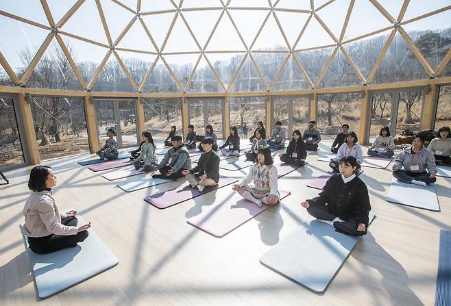 경기도 용인 에버랜드에서 열리는 비타민 캠프에서 참가자들이 명상·요가를 모습.[삼성물산 제공]