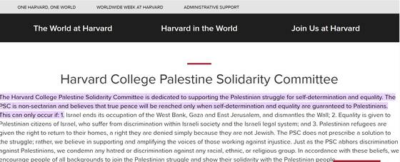 하버드 팔레스타인 연대그룹 홈페이지 〈출처 : 하버드 팔레스타인 연대그룹〉