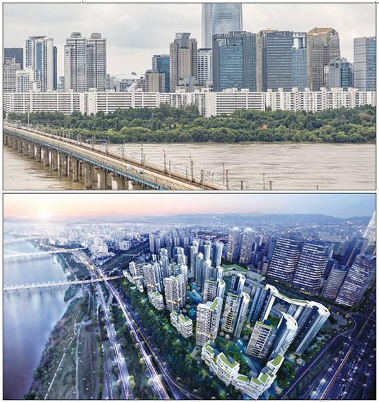 1·2·3차 통합 재건축을 추진 중인 서울 송파구 신천동 장미아파트는 이웃 단지 잠실주공5단지 못잖은 입지를 자랑한다. 
아래는 재건축조합설립추진위원회 당시 내놓은 재건축 예상 조감도. (윤관식 기자, 서울시 정비사업 정보몽땅 제공)