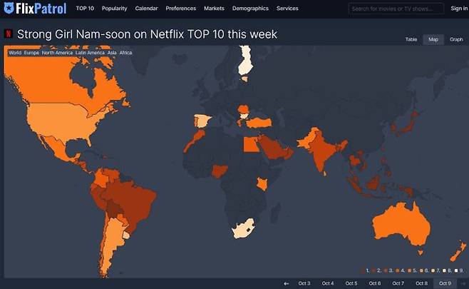 플릭스패트롤이 집계한 '힘쎈여자 강남순'의 세계 순위 지도. 사진출처=플릭스패트롤 홈페이지 화면 캡처