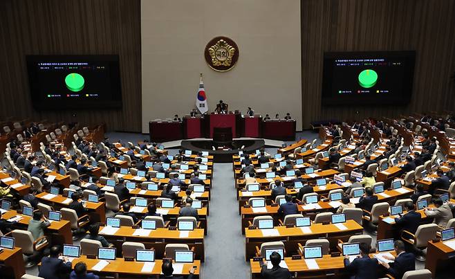 6일 국회 본회의에서 특정중대범죄 피의자 등 신상정보 공개에 관한 법률안이 통과되고 있다. [사진출처 = 연합뉴스]