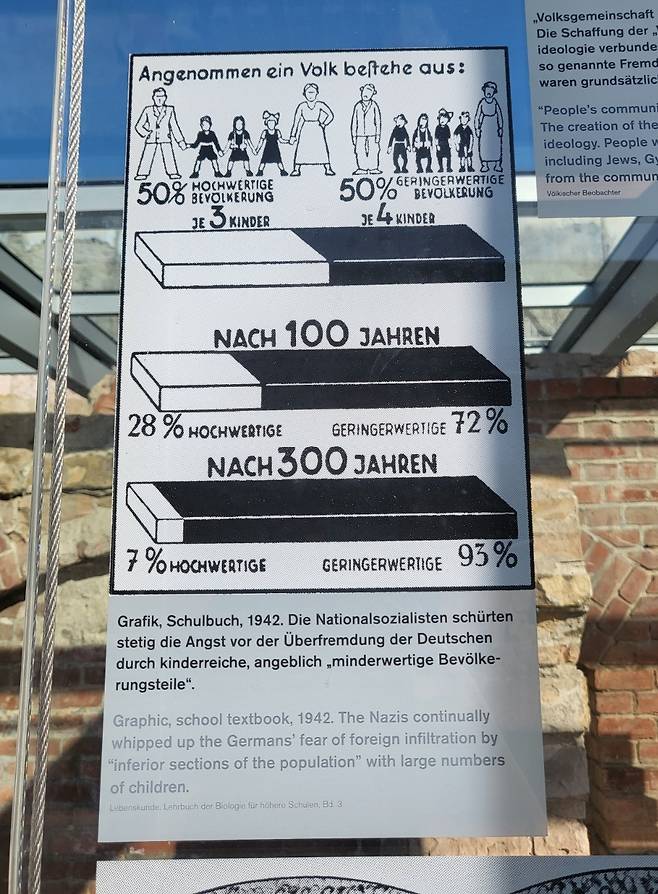 나치 정권 당시, 교과서에 실린 선전 자료. ‘낮은 등급’의 유대인을 방치하면 ‘높은 등급’ 독일인 인구를 압도할 것이라는 선동이 담겼다. 베를린=박혜원 기자