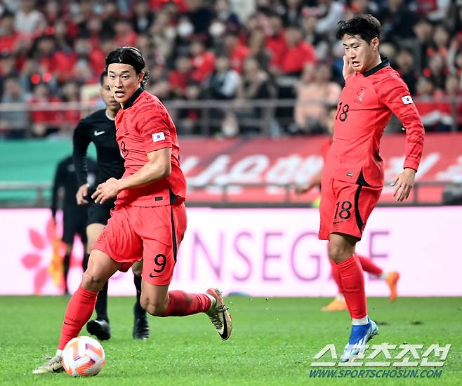 13일 서울월드컵경기장에서 열린 대한민국 축구 국가대표팀과 튀니지의 경기, 조규성이 슛팅을 시도하고 있다. 상암=허상욱 기자wook@sportschosun.com/2023.10.13/