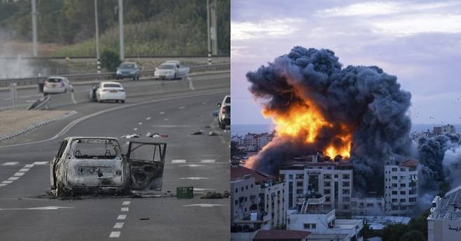 지난 10월 7일(현지시간) 팔레스타인 무장정파 하마스의 이스라엘 기습공격으로 파괴된 자동차 모습(왼쪽).팔레스타인 무장정파 하마스의 기습 공격에 대한 보복으로 이스라엘군이 지난 10월 7일(현지시간) 공습한 팔레스타인 가자지구. 건물들 곳곳에서 화염과 연기가 뿜어나오고 있다./AP연합뉴스