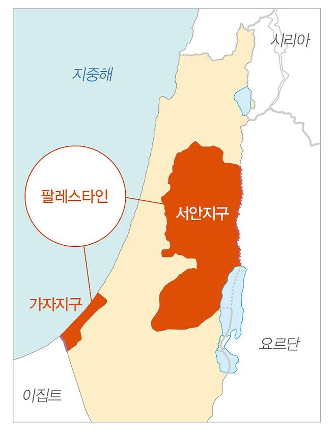 이스라엘 영토 내부에 쪼개져 있는 팔레스타인. 하마스가 지배하는 가자지구와 팔레스타인 자치정부가 통치하는 서안지구로 나뉘어 있다. 서안지구는 이스라엘의 유대인 정착촌 확대로 규모가 줄어들고 있다.