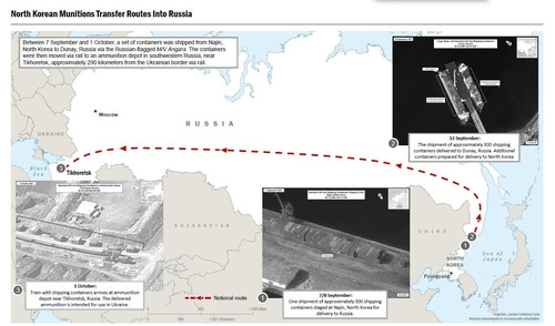 美 정부가 공개한 북러 무기 거래 사진 (워싱턴=연합뉴스) 존 커비 미국 국가안보회의(NSC) 전략소통조정관은 13일(현지시간) 북한이 러시아에 컨테이너 1천개 이상 분량의 군사장비와 탄약을 인도했다고 밝혔다. NSC는러시아 선박이 북한에서 컨테이너를 싣고 운송하는 모습을 담은 위성사진을 공개했다. 2023.10.13