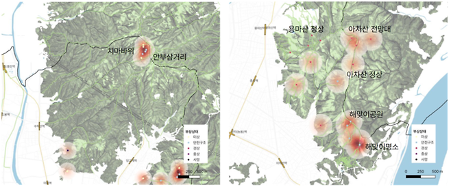 서울 수락산 조난 사고 지점과 아차산 실족추락 사고 지점. [사진출처=서울시 제공]