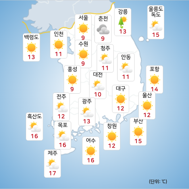 ⓒ기상청: 내일(16일) 오전 전국날씨