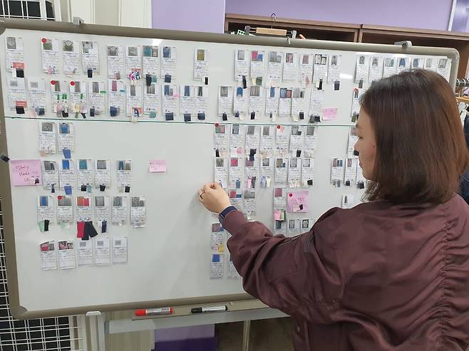 장지명 위뜨디자인 팀장이 24SS 상품 구성판을 분석하고 있다. 윤현주 기자