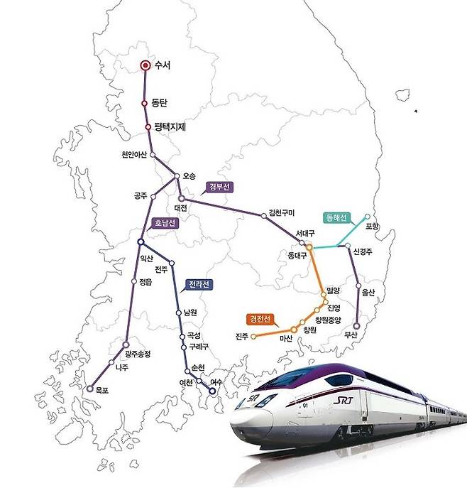 [서울=뉴시스]에스알(SR)은 올 9월부터 수서발고속열차(SRT) 운행 노선을 경전선(수서~진주), 동해선(수서~포항), 전라선(수서~여수엑스포)으로 확대한다고 밝혔다. 일일 편도 4회, 왕복 2회 운행된다. 사진은 SRT의 운행 노선도. 2023.10.15.(사진=에스알 제공) photo@newsis.com *재판매 및 DB 금지