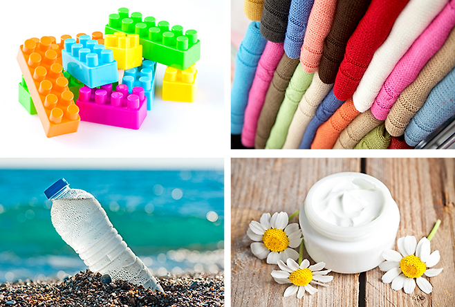 석유로 만든 레고 장난감, 합성섬유로 만든 의류, 화장품 용기, 페트(PET)병.(왼쪽 위부터 시계 방향으로)