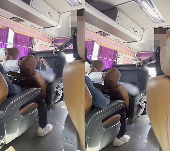 15일 유튜브에는 한 고속버스 앞좌석에 앉은 여성 승객이 등받이를 최대한으로 젖혀 뒷좌석 남성 승객에게 불편을 끼치는 모습이 담긴 영상이 게재됐다. /카페헤이미쉬[cafe heimish]