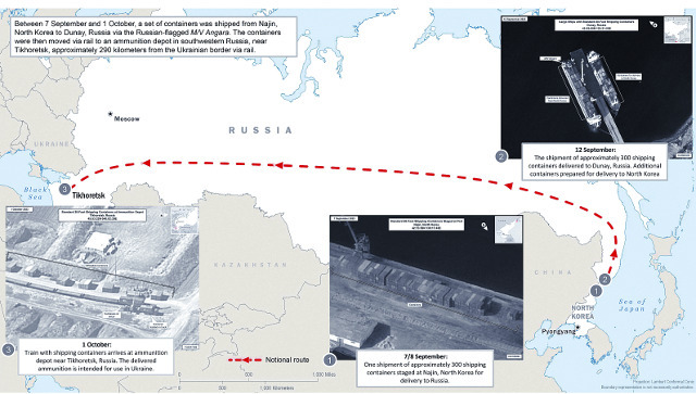 미국 정부가 13일(현지시간) 북한이 러시아에 무기를 제공한 정황을 사진을 곁들인 그래픽으로 만들어 공개했다. 그래픽에는 지난달 7, 8일 북한 나진항 부두에 컨테이너가 쌓인 사진, 12일 러시아 앙가라호가 동부 두나이항에 정박한 사진, 지난 1일 컨테이너를 실은 열차가 러시아 티호레츠크의 탄약고에 도착한 이미지가 담겼다. AFP연합뉴스