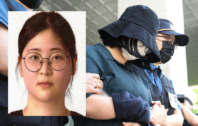 20대 또래 여성을 살해하고 시신을 유기한 혐의를 받는 정유정(23)이 지난 6월 2일 부산 동래경찰서에서 검찰로 송치되고 있다. 왼쪽 사진은 정유정의 신상공개 사진.  / 사진=매일경제 DB