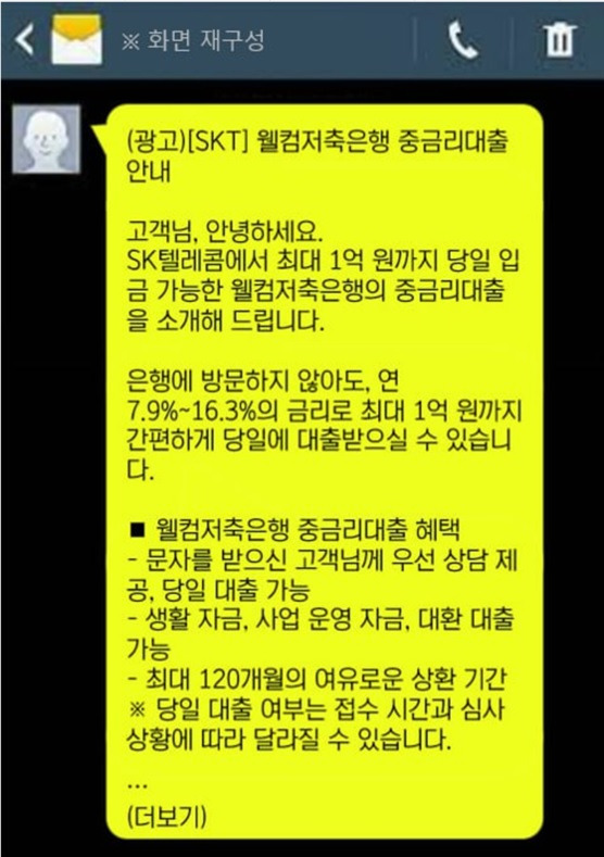 ▲SKT 발송 광고 대행 문자. 정필모 의원실.