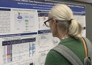 미국 보스턴에서 최근 열린 국제 학술회의 ‘2023 AACR-NCI-EORTC’에서 글로벌 제약바이오 관계자들이 한미약품의 포스터 발표 내용을 살펴보고 있다. [한미 제공]