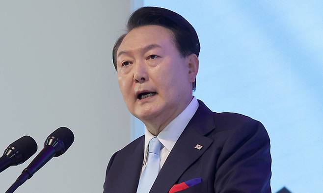 윤석열 대통령이 지난 8월15일 서울 서대문구 이화여자대학교 대강당에서 열린 제78주년 광복절 경축식 행사에 참석해 축사를 하고 있다. 세계일보 자료사진