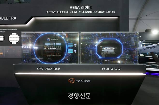 한화시스템이 국방과학연구소와 함께 개발한 KF-21 AESA레이더(왼쪽)와 자체 개발한 경공격기용(LCA, Light Combat Aircraft) AESA레이더. 한화시스템 제공