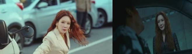 드라마 '힘쎈여자 강남순'의 황금주 캐릭터(김정은·왼쪽)는 괴력으로 마약 범죄에 맞선다(오른쪽). 사진제공=JTBC