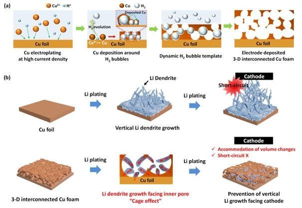 3차원 다공성 구리 집전체 모식도 및 리튬 덴드라이트 제어 메커니즘 한국생산기술연구원 제공. 재판매 및 DB 금지]