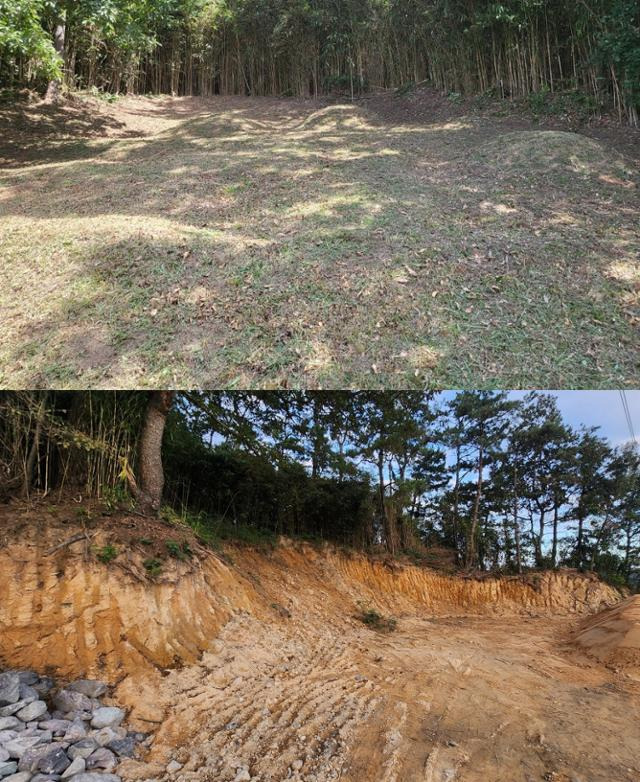 영광군 군서면 매산리에 위치한 과거 선산의 모습(위). 17일 영광 불갑천 재해복구사업 이후 파헤쳐진 채 방치된 선산 자리(아래). 영광=김진영 기자