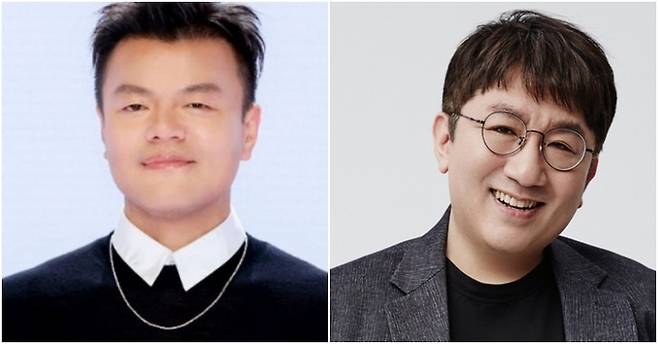 JYP 엔터테인먼트 CCO 박진영(왼쪽), 하이브 의장 방시혁. JYP, 하이브 제공