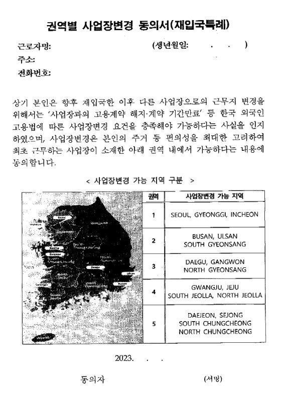 권역별 사업장변경 동의서