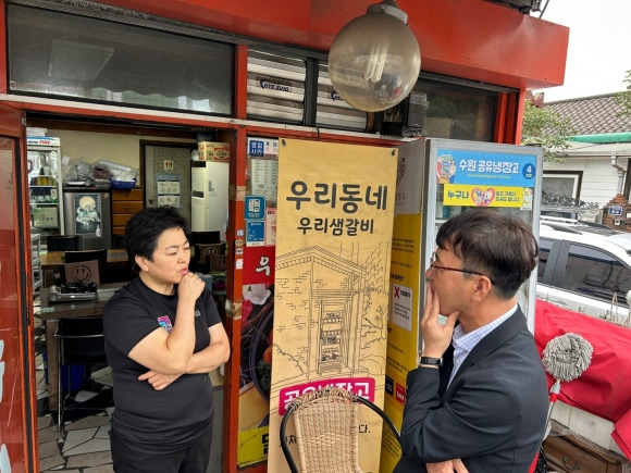 김성진 수원시정연구원장(오른쪽)이 수원 공유냉장고 운영자를 만나 활성화 방안과 애로사항에 대한 인터뷰를 진행하고 있다.  수원시정연구원 제공