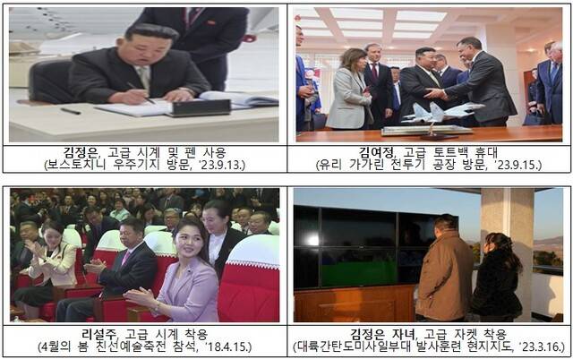 통일부는 19일 '최근 북한의 경제·사회 특이 동향' 브리핑에서 김정은 북한 국무위원장 일가의 명품 소지와 착용 사례를 소개했다. /통일부 제공