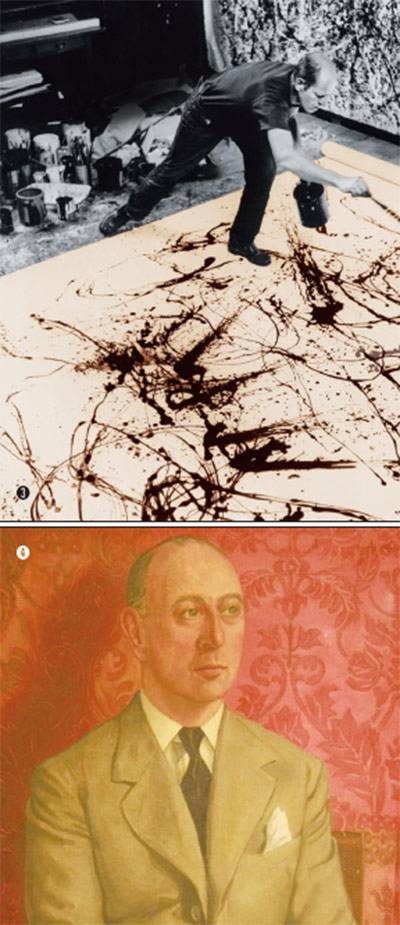 ➌ 잭슨 폴록, 드리핑을 통한 액션 페인팅하는 모습, 1950년. ➍ 프랜시스 베이컨이 작업실의 먼지를 이용해서 그린 동성 애인 에릭 홀의 초상화, 1936년경.