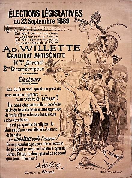 1889년 프랑스 파리에 걸린 한 선거 포스터.유대인은 우리 민족의 적이라는 공공연한 반유대주의를 설파하고 있다. 당시 유럽에서 반유대주의가 얼마나 뿌리 깊었는지를 보여주는 그림.