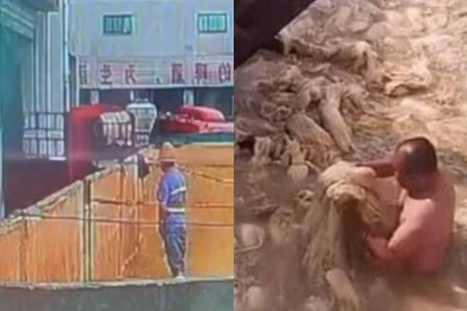 20일 중국 사회관계망서비스(SNS) 웨이보에서 논란이 된 칭다오 '소변 맥주'(왼쪽) 영상과 2021년 '알몸 김치' 영상. 사진=웨이보 캡처/서경덕 페이스북